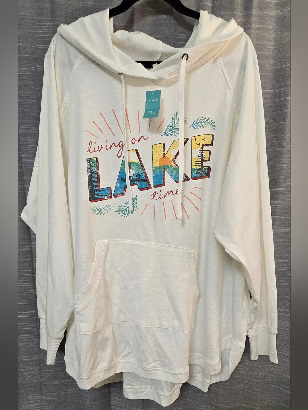 Maurices Cream Graphic Hoodie with Teal and Coral Accents